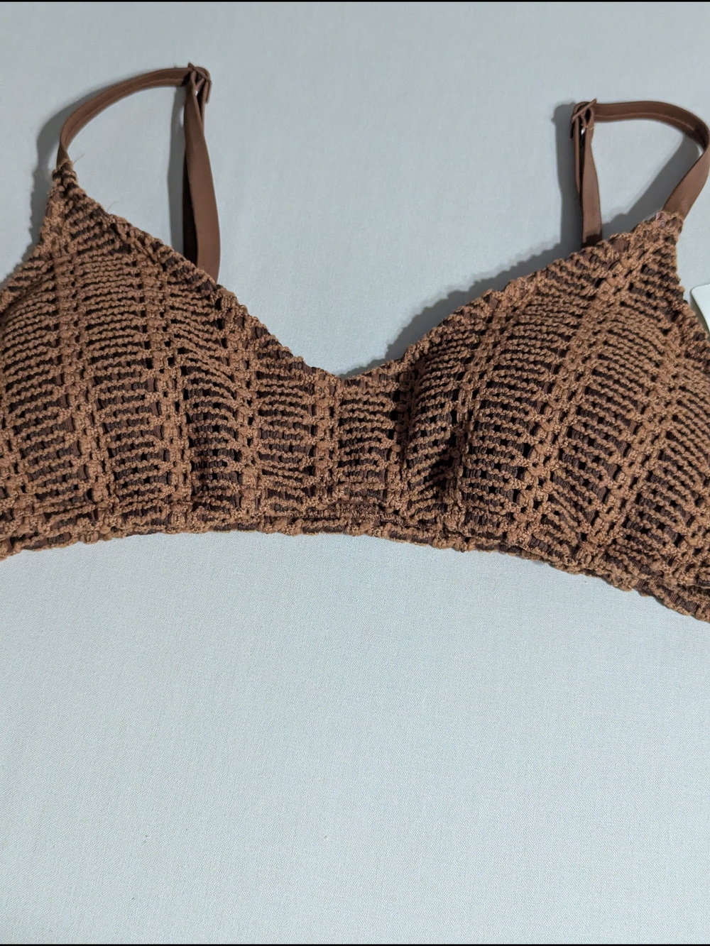 aerie Crochet Triangle Bralette in Brown - Textured Swim Bra - Size L / NWT - Picture 3 of 7